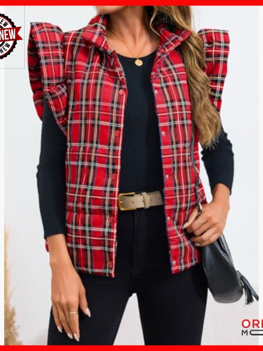 Lightweight Quilted Puffer Vest with Ruffle Sleeves, Button Closure - Picture 4 of 7